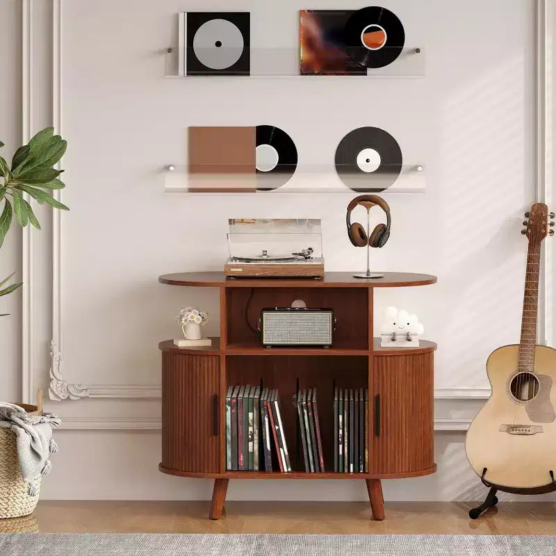 35 Large Record Player Stand, Rustic Vinyl Record Record Storage Cabinet, Player Turntable Stand with Open Shelves, Record Player Table