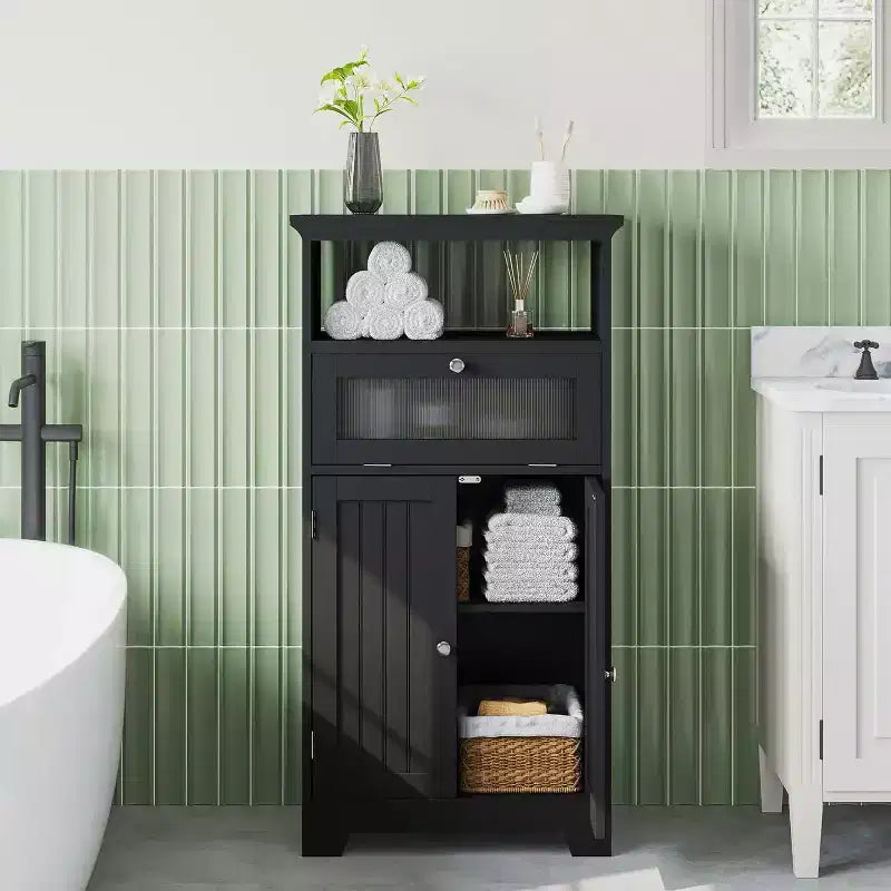Meuble de salle de bain autoportant avec tiroir à abattant en verre