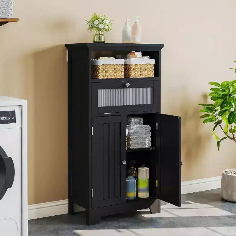 Meuble de salle de bain autoportant avec tiroir à abattant en verre