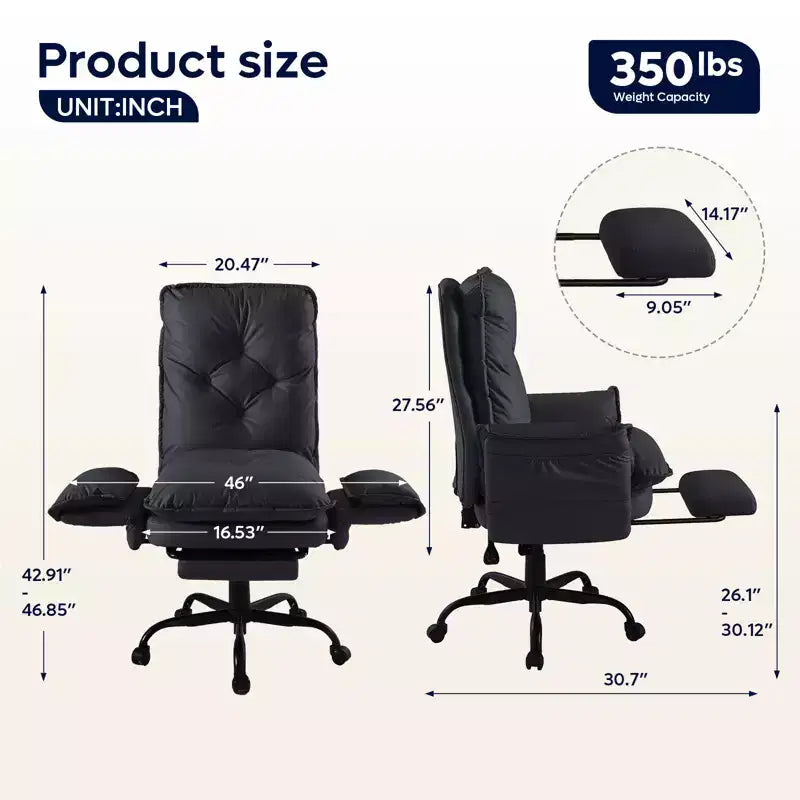 Chaise de bureau avec repose-pieds et accoudoirs relevables, chaise ergonomique à dossier haut croisé avec poches latérales, chaise en cuir à pieds croisés avec roulettes