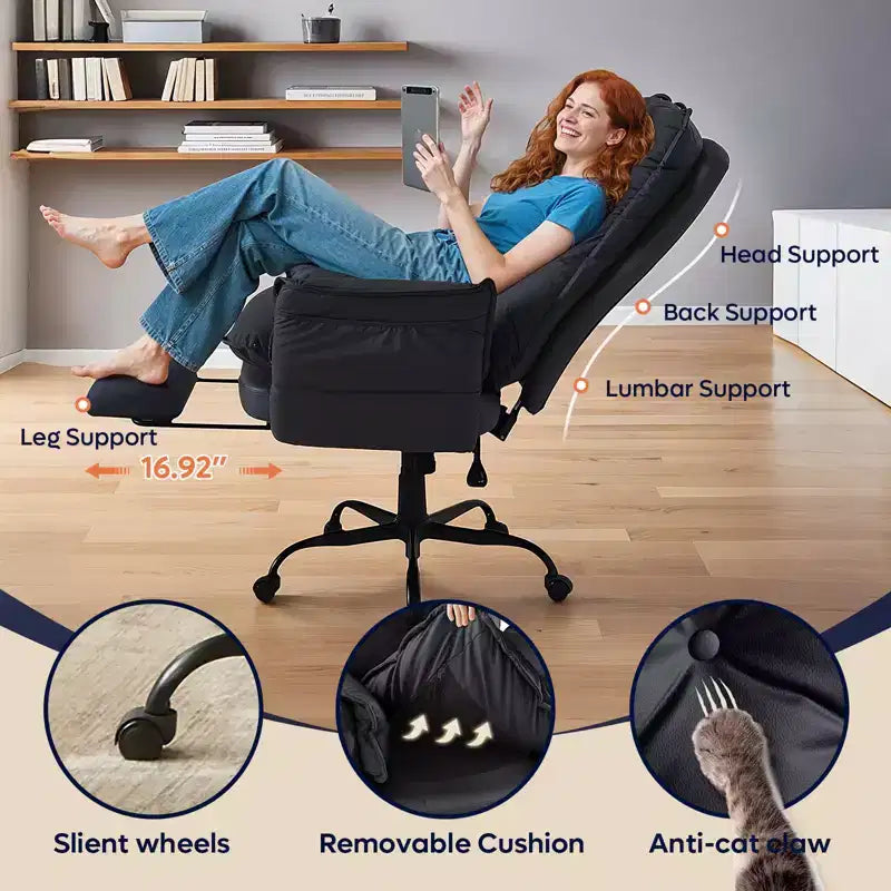 Chaise de bureau avec repose-pieds et accoudoirs relevables, chaise ergonomique à dossier haut croisé avec poches latérales, chaise en cuir à pieds croisés avec roulettes