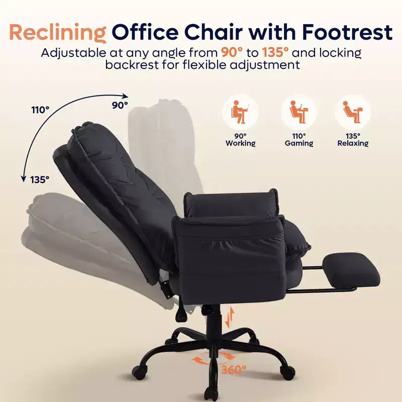 Chaise de bureau avec repose-pieds et accoudoirs relevables, chaise ergonomique à dossier haut croisé avec poches latérales, chaise en cuir à pieds croisés avec roulettes
