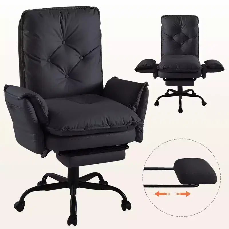 Chaise de bureau avec repose-pieds et accoudoirs relevables, chaise ergonomique à dossier haut croisé avec poches latérales, chaise en cuir à pieds croisés avec roulettes