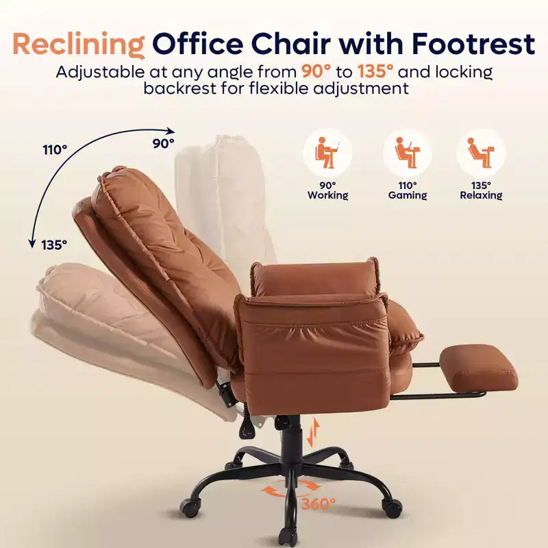 Chaise de bureau avec repose-pieds et accoudoirs relevables, chaise ergonomique à dossier haut croisé avec poches latérales, chaise en cuir à pieds croisés avec roulettes