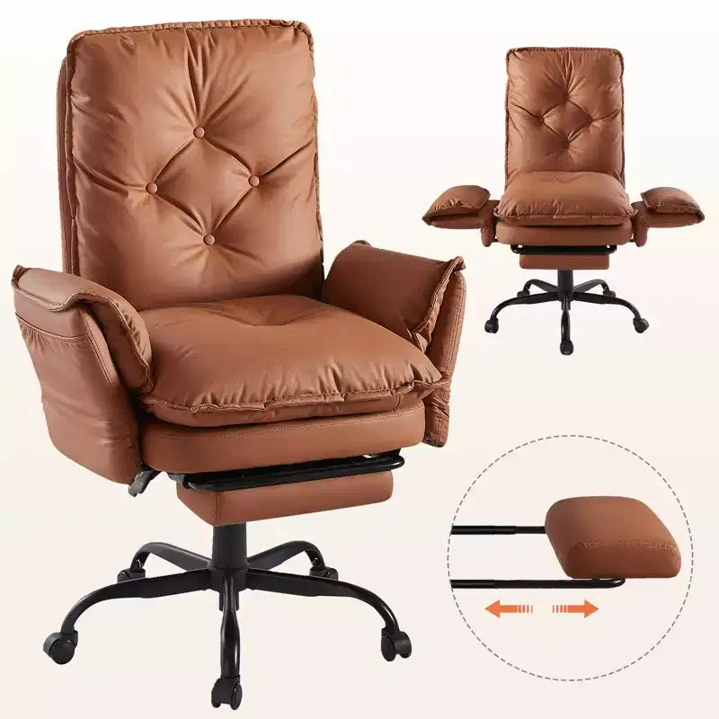 Chaise de bureau avec repose-pieds et accoudoirs relevables, chaise ergonomique à dossier haut croisé avec poches latérales, chaise en cuir à pieds croisés avec roulettes