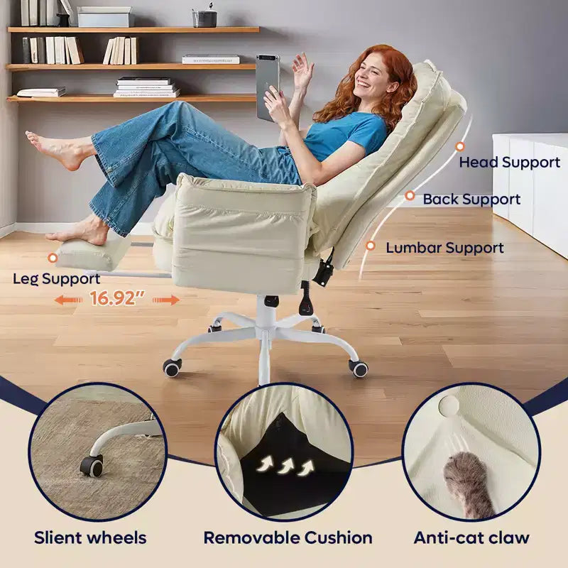 Chaise de bureau avec repose-pieds et accoudoirs relevables, chaise ergonomique à dossier haut croisé avec poches latérales, chaise en cuir à pieds croisés avec roulettes