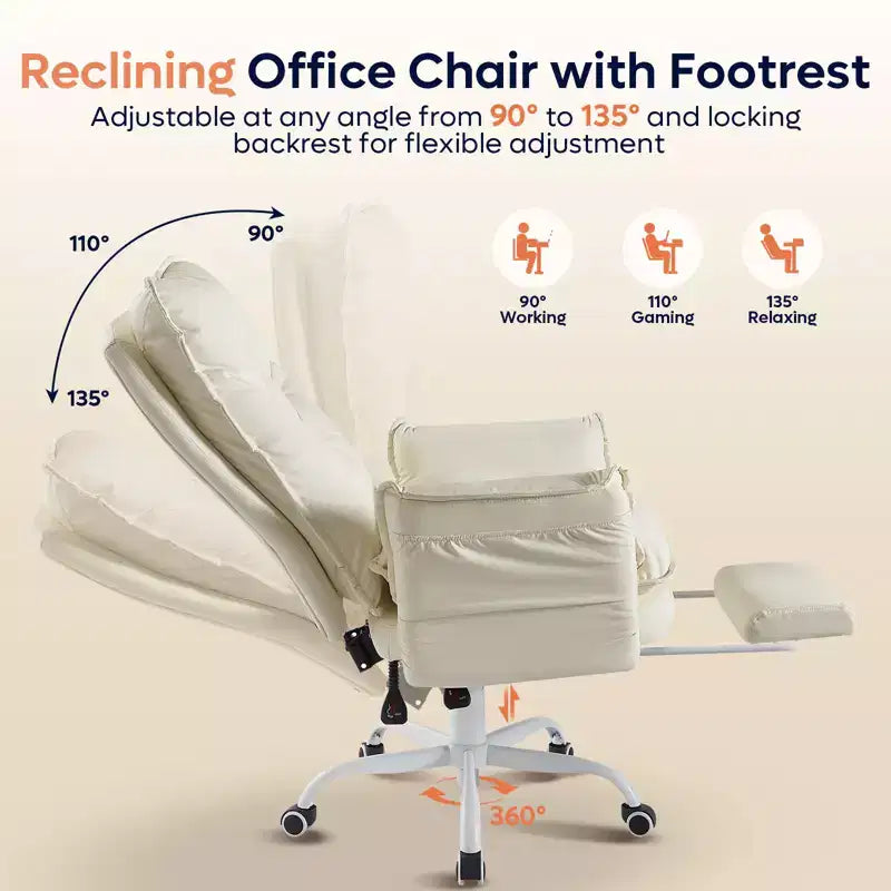 Chaise de bureau avec repose-pieds et accoudoirs relevables, chaise ergonomique à dossier haut croisé avec poches latérales, chaise en cuir à pieds croisés avec roulettes