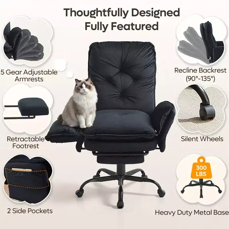 Chaise de bureau avec repose-pieds et accoudoirs relevables, chaise ergonomique à dossier haut croisé avec poches latérales, chaise en cuir à pieds croisés avec roulettes