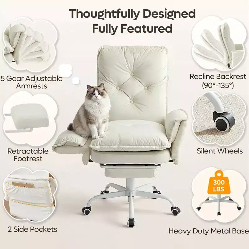 Chaise de bureau avec repose-pieds et accoudoirs relevables, chaise ergonomique à dossier haut croisé avec poches latérales, chaise en cuir à pieds croisés avec roulettes