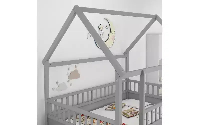 Cadre de lit au sol avec toit, Lit Montessori pour tout-petits avec clôture surélevée, pour enfants, garçons et filles, montage facile, gris