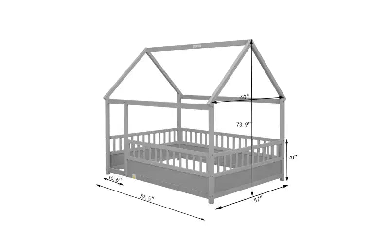 Cadre de lit au sol avec toit, Lit Montessori pour tout-petits avec clôture surélevée, pour enfants, garçons et filles, montage facile, gris