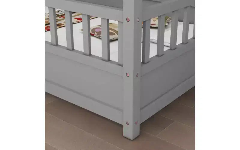 Cadre de lit au sol avec toit, Lit Montessori pour tout-petits avec clôture surélevée, pour enfants, garçons et filles, montage facile, gris