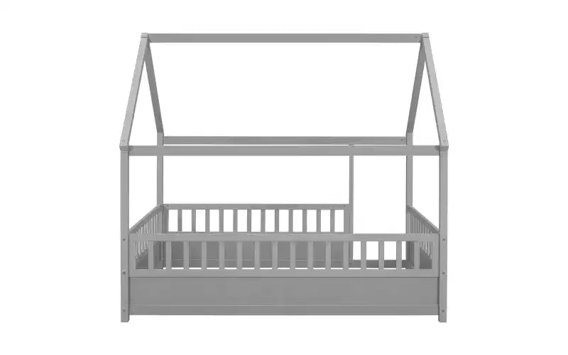 Cadre de lit au sol avec toit, Lit Montessori pour tout-petits avec clôture surélevée, pour enfants, garçons et filles, montage facile, gris