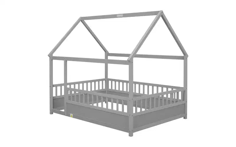 Cadre de lit au sol avec toit, Lit Montessori pour tout-petits avec clôture surélevée, pour enfants, garçons et filles, montage facile, gris