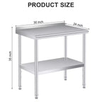 Table en acier inoxydable 60x24 pouces - Table de travail et de préparation commerciale robuste en métal avec dosseret et étagère réglable, pour cuisine, restaurant