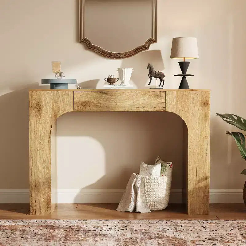 Console rustique de 119 cm avec tiroir, longue table de canapé pour derrière le canapé, table d'entrée et de couloir rustique pour salon, chêne