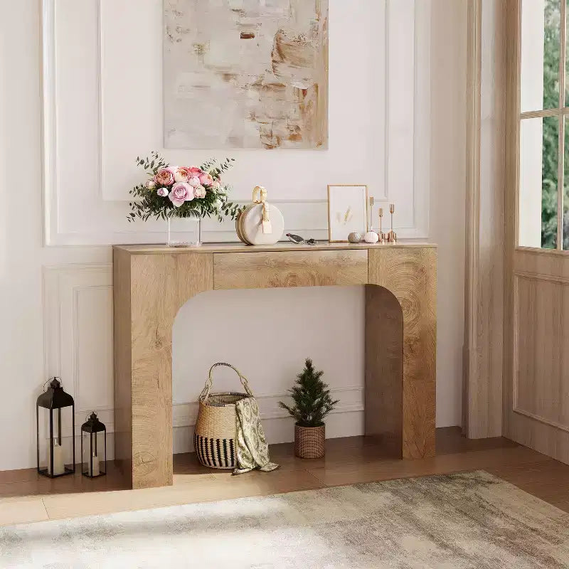 Console rustique de 119 cm avec tiroir, longue table de canapé pour derrière le canapé, table d'entrée et de couloir rustique pour salon, chêne