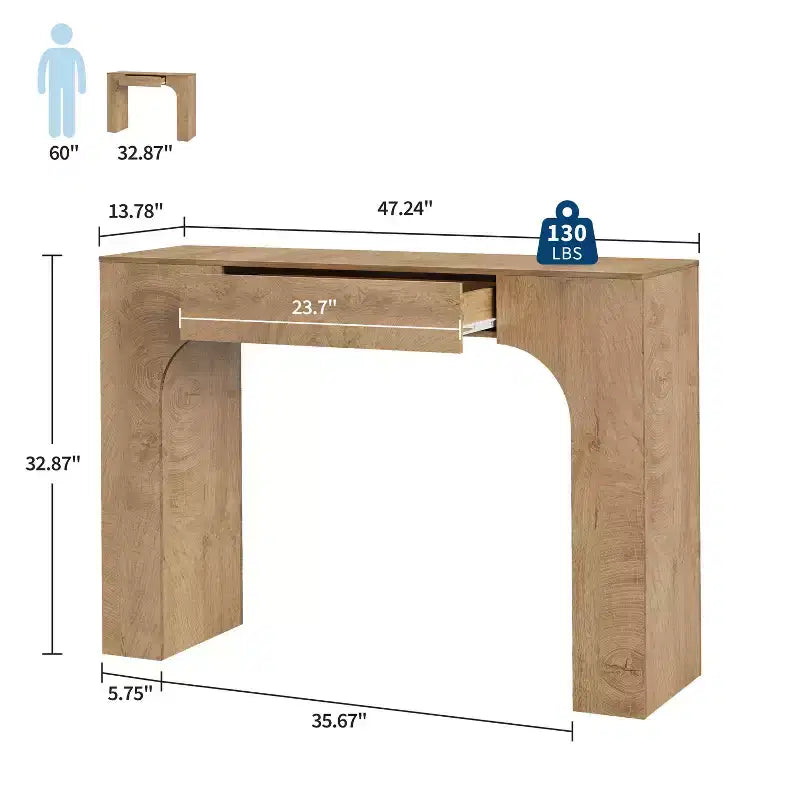 Console rustique de 119 cm avec tiroir, longue table de canapé pour derrière le canapé, table d'entrée et de couloir rustique pour salon, chêne