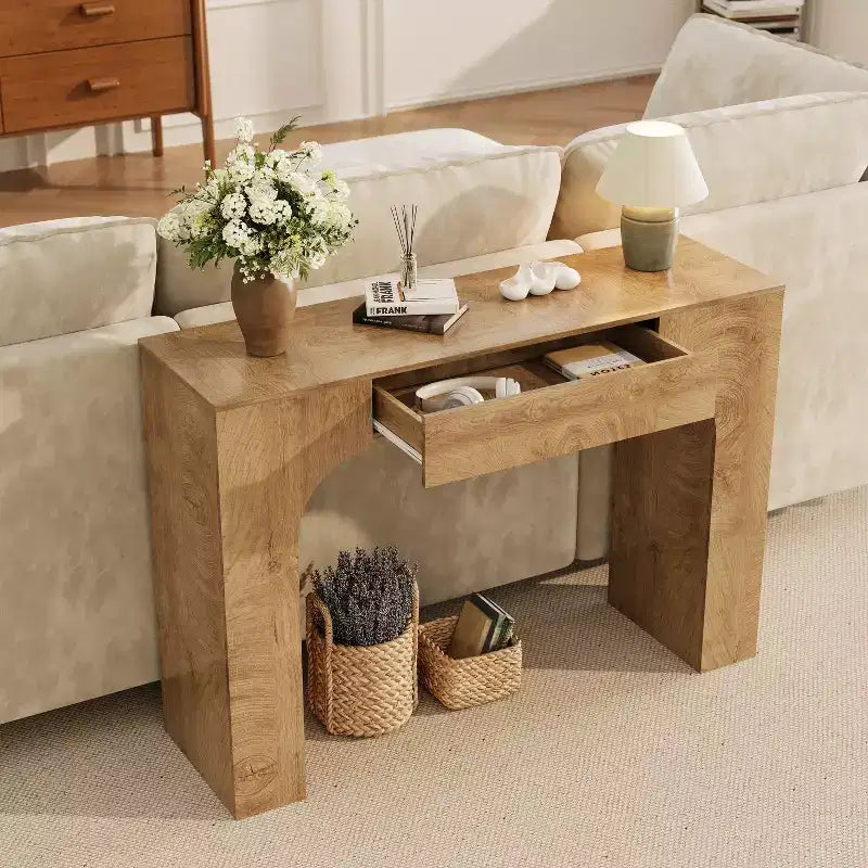 Console rustique de 119 cm avec tiroir, longue table de canapé pour derrière le canapé, table d'entrée et de couloir rustique pour salon, chêne
