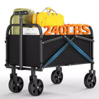 Portable Heavy-Duty Folding Wagon Cart, 240lb Capacity with Wheels & Brakes, Adjustable Handle Collapsible Wagon for Camping, Groceries, and Storage