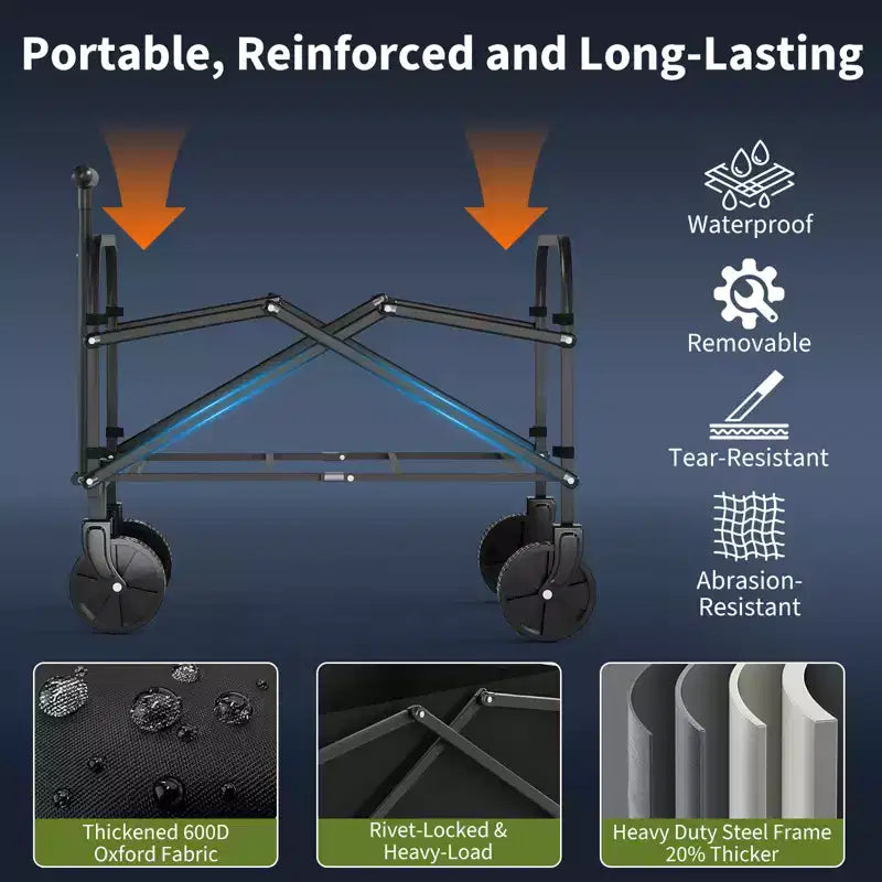 Chariot pliant portable robuste, capacité de 109 kg avec roues et freins, poignée réglable, pliable pour le camping, les courses et le rangement