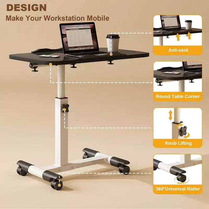 Table de lit à roulettes, table d'appoint pliable, table de chevet roulante, bureau debout à hauteur réglable, postes de travail informatiques pour le bureau à domicile