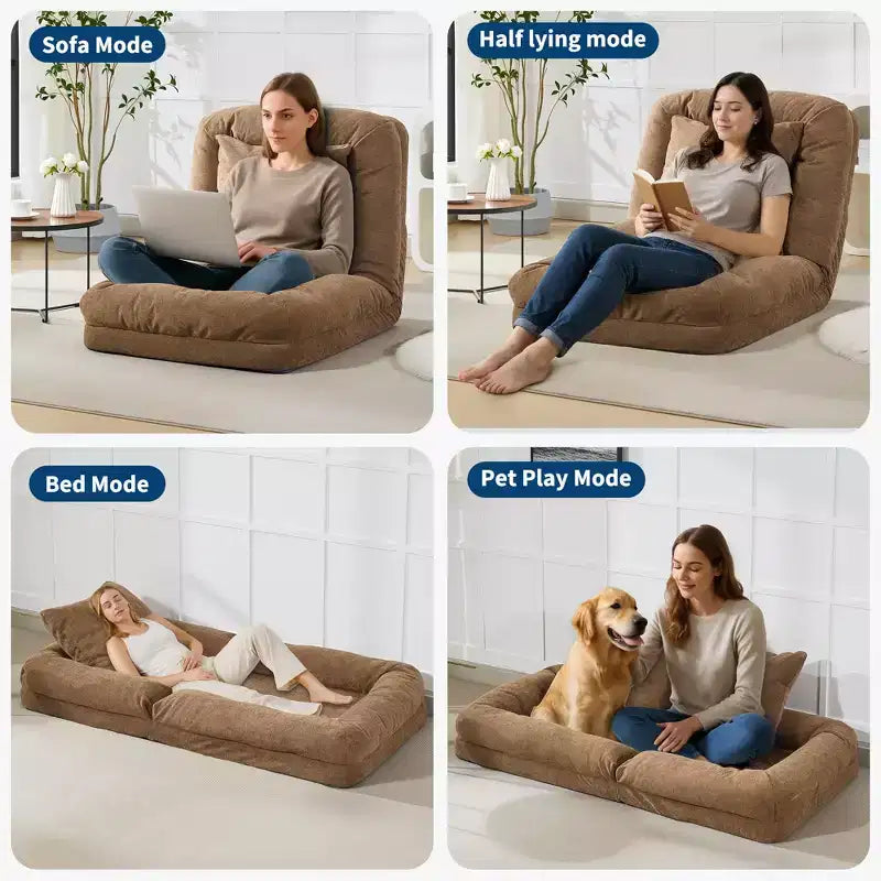 Canapé paresseux réglable à 5 positions de 165 cm, lit pour chien et humain rembourré pour adultes et animaux de compagnie, chaise longue pliable au sol