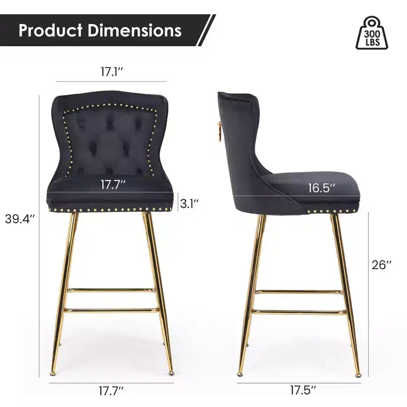 2 tabourets de bar en similicuir à hauteur de comptoir pour salles à manger, îlots de cuisine, chaises à dossier haut capitonnées avec pieds dorés