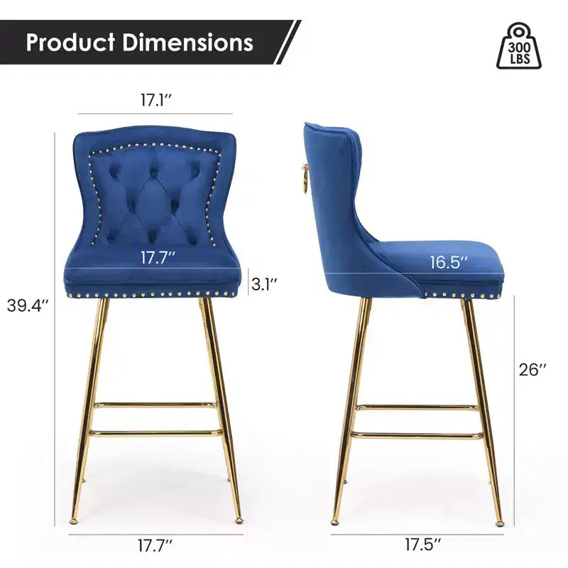 2 tabourets de bar en similicuir à hauteur de comptoir pour salles à manger, îlots de cuisine, chaises à dossier haut capitonnées avec pieds dorés