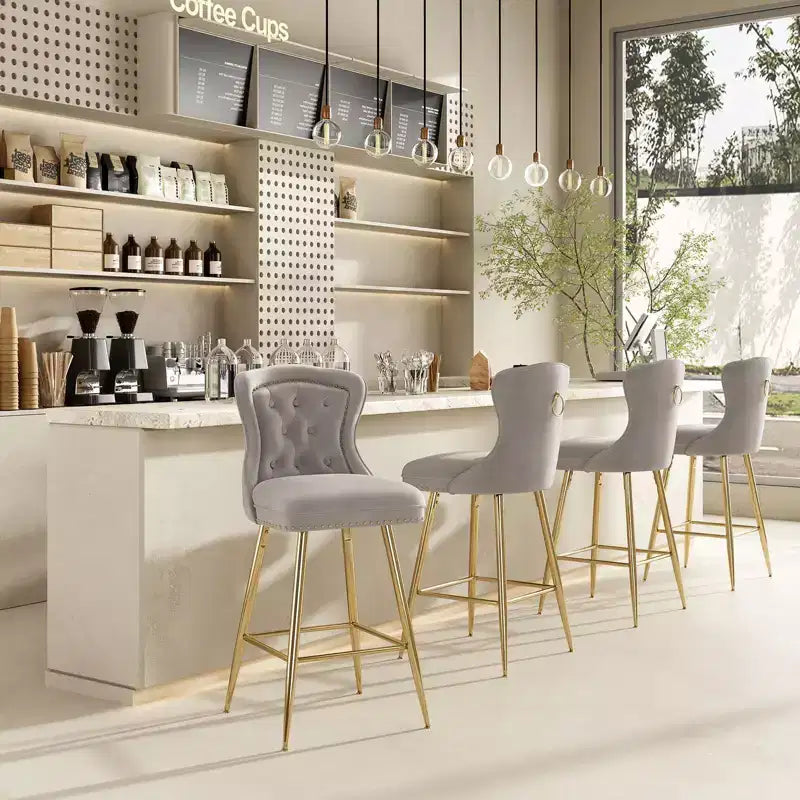2 tabourets de bar en similicuir à hauteur de comptoir pour salles à manger, îlots de cuisine, chaises à dossier haut capitonnées avec pieds dorés