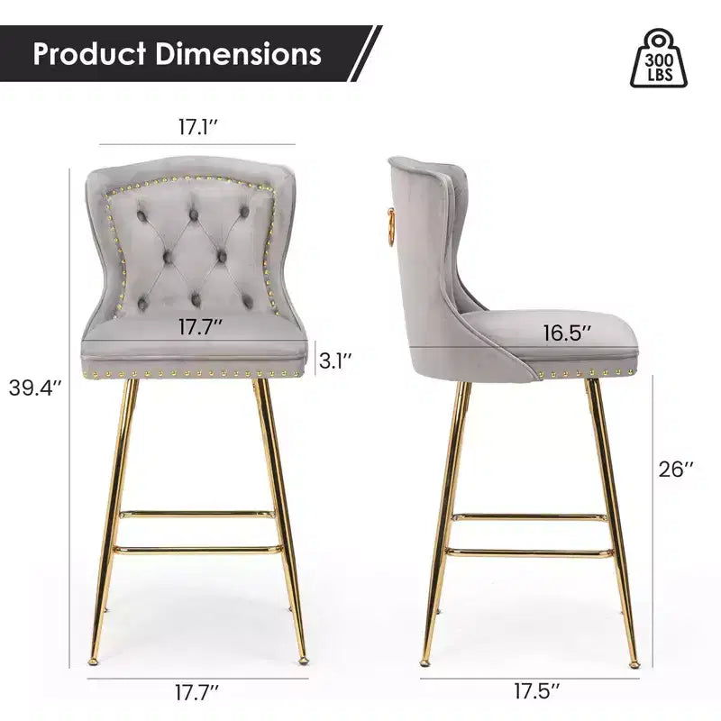 2 tabourets de bar en similicuir à hauteur de comptoir pour salles à manger, îlots de cuisine, chaises à dossier haut capitonnées avec pieds dorés