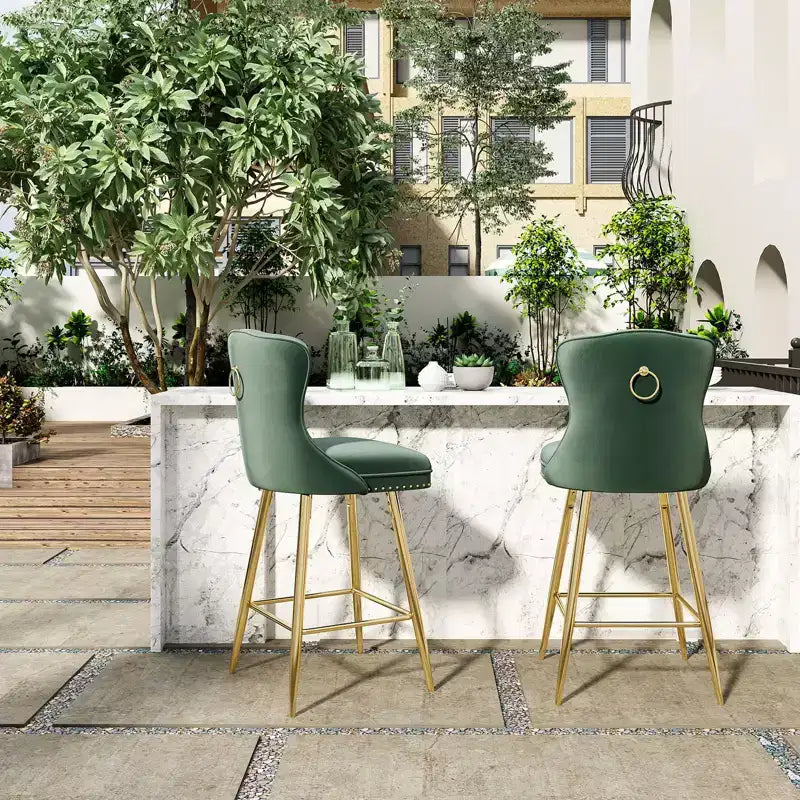 2 tabourets de bar en similicuir à hauteur de comptoir pour salles à manger, îlots de cuisine, chaises à dossier haut capitonnées avec pieds dorés