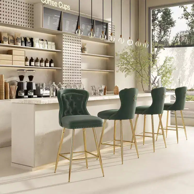 2 tabourets de bar en similicuir à hauteur de comptoir pour salles à manger, îlots de cuisine, chaises à dossier haut capitonnées avec pieds dorés