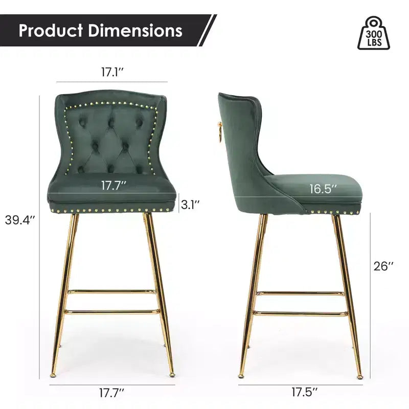 2 tabourets de bar en similicuir à hauteur de comptoir pour salles à manger, îlots de cuisine, chaises à dossier haut capitonnées avec pieds dorés
