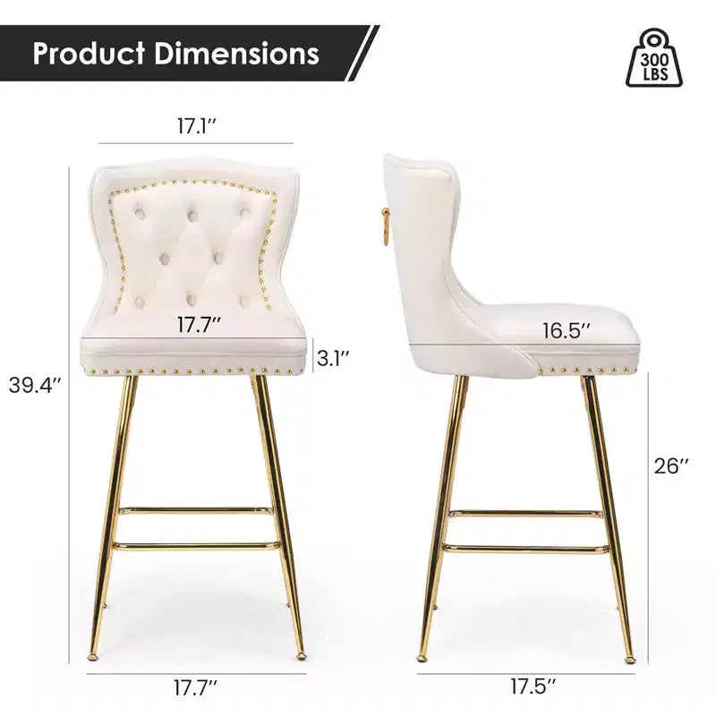 2 tabourets de bar en similicuir à hauteur de comptoir pour salles à manger, îlots de cuisine, chaises à dossier haut capitonnées avec pieds dorés