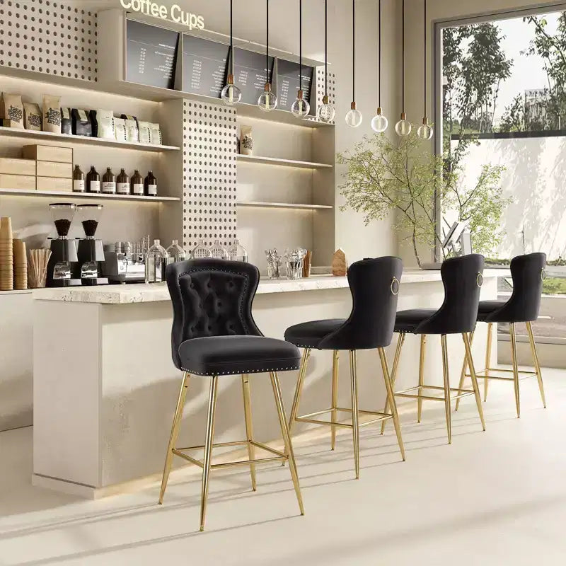 2 tabourets de bar en similicuir à hauteur de comptoir pour salles à manger, îlots de cuisine, chaises à dossier haut capitonnées avec pieds dorés
