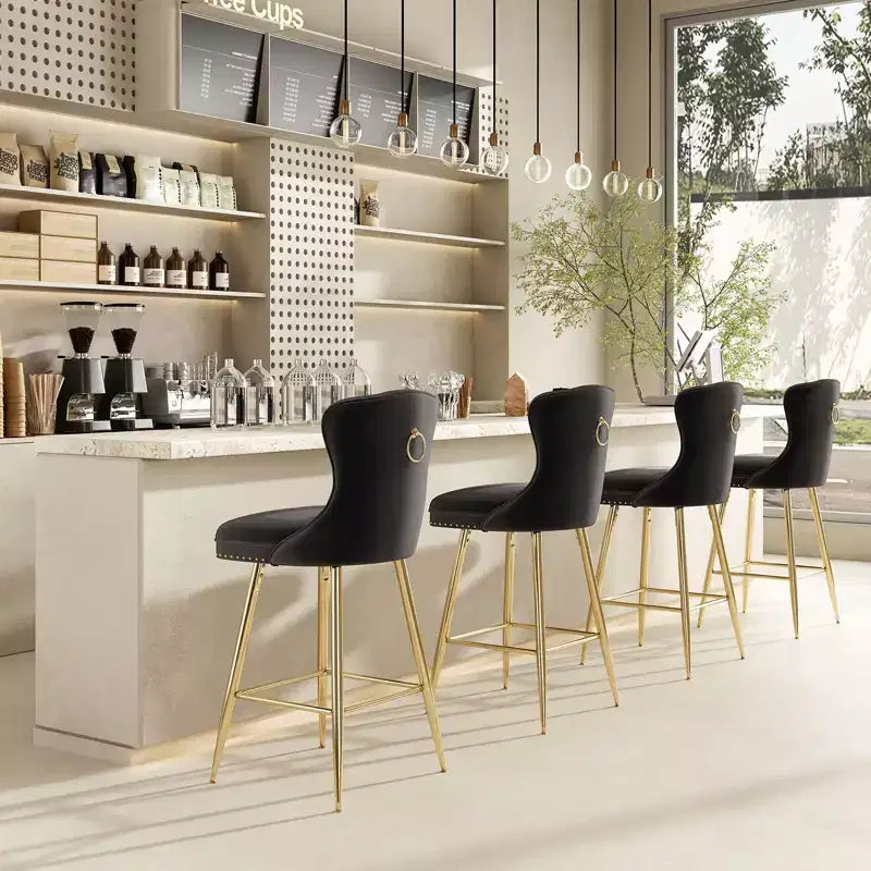 2 tabourets de bar en similicuir à hauteur de comptoir pour salles à manger, îlots de cuisine, chaises à dossier haut capitonnées avec pieds dorés