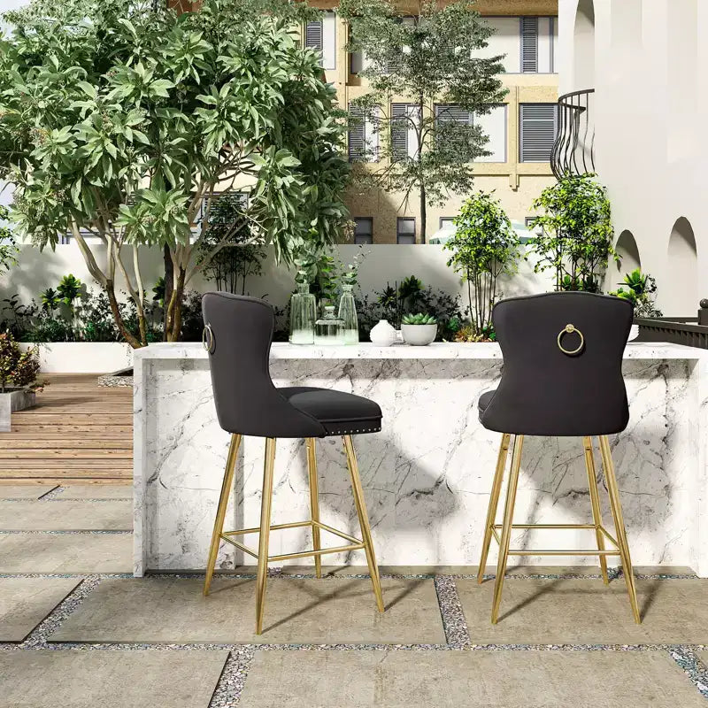 2 tabourets de bar en similicuir à hauteur de comptoir pour salles à manger, îlots de cuisine, chaises à dossier haut capitonnées avec pieds dorés