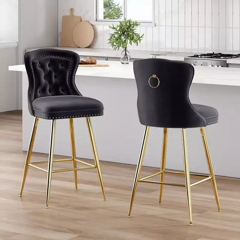 2 tabourets de bar en similicuir à hauteur de comptoir pour salles à manger, îlots de cuisine, chaises à dossier haut capitonnées avec pieds dorés