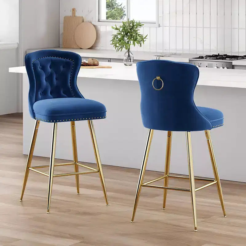 2 tabourets de bar en similicuir à hauteur de comptoir pour salles à manger, îlots de cuisine, chaises à dossier haut capitonnées avec pieds dorés