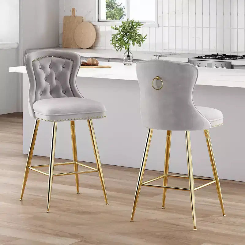 2 tabourets de bar en similicuir à hauteur de comptoir pour salles à manger, îlots de cuisine, chaises à dossier haut capitonnées avec pieds dorés