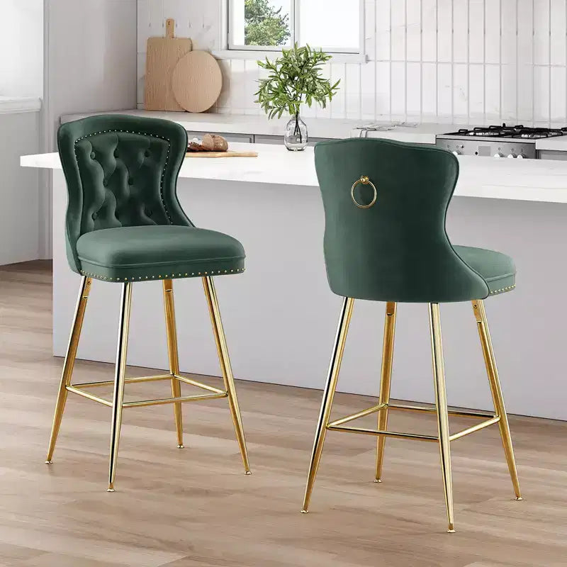 2 tabourets de bar en similicuir à hauteur de comptoir pour salles à manger, îlots de cuisine, chaises à dossier haut capitonnées avec pieds dorés