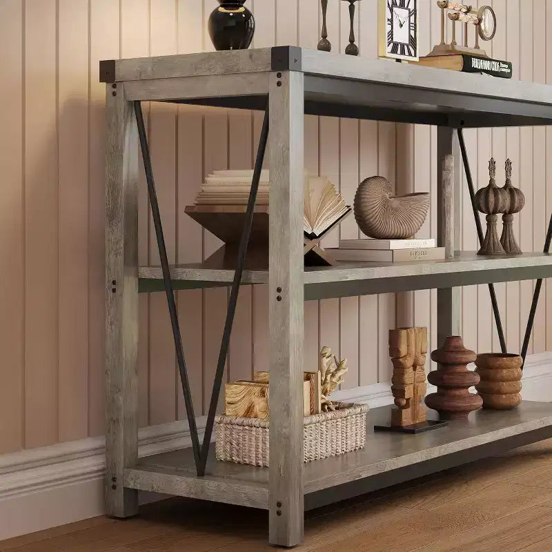 47 Table Console d'Entrée Étroite 3 Niveaux avec Étagères de Rangement (Gris, pour Salon/Couloir/Cuisine)