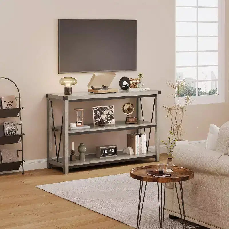 47 Table Console d'Entrée Étroite 3 Niveaux avec Étagères de Rangement (Gris, pour Salon/Couloir/Cuisine)