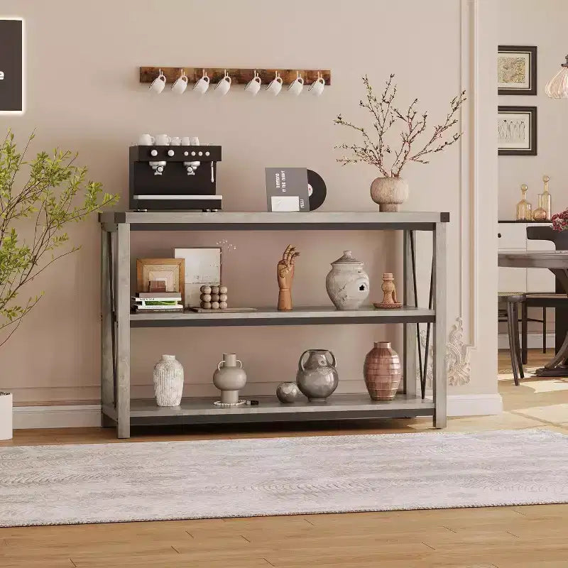 47 Table Console d'Entrée Étroite 3 Niveaux avec Étagères de Rangement (Gris, pour Salon/Couloir/Cuisine)
