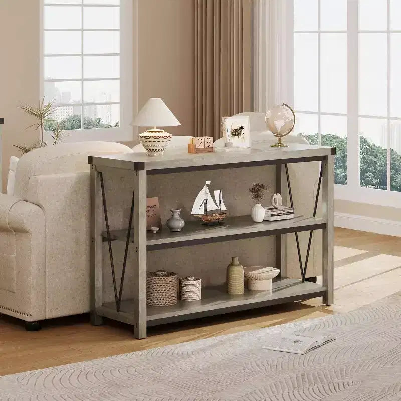 47 Table Console d'Entrée Étroite 3 Niveaux avec Étagères de Rangement (Gris, pour Salon/Couloir/Cuisine)