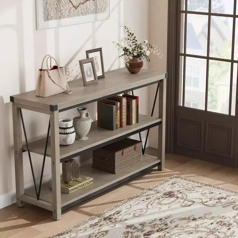 47 Table Console d'Entrée Étroite 3 Niveaux avec Étagères de Rangement (Gris, pour Salon/Couloir/Cuisine)