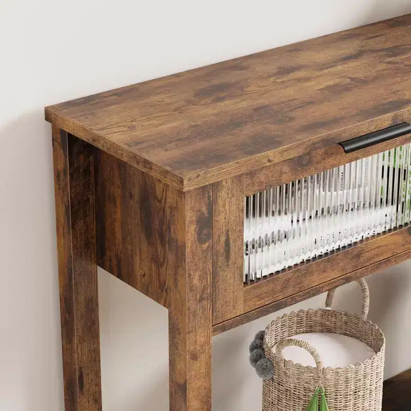 Console en bois Table d'entrée à 2 niveaux pour canapé avec 2 tiroirs en verre pour salon/entrée