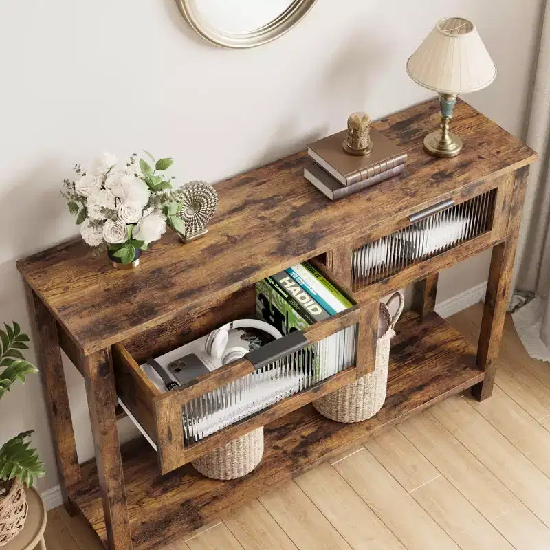Console en bois Table d'entrée à 2 niveaux pour canapé avec 2 tiroirs en verre pour salon/entrée