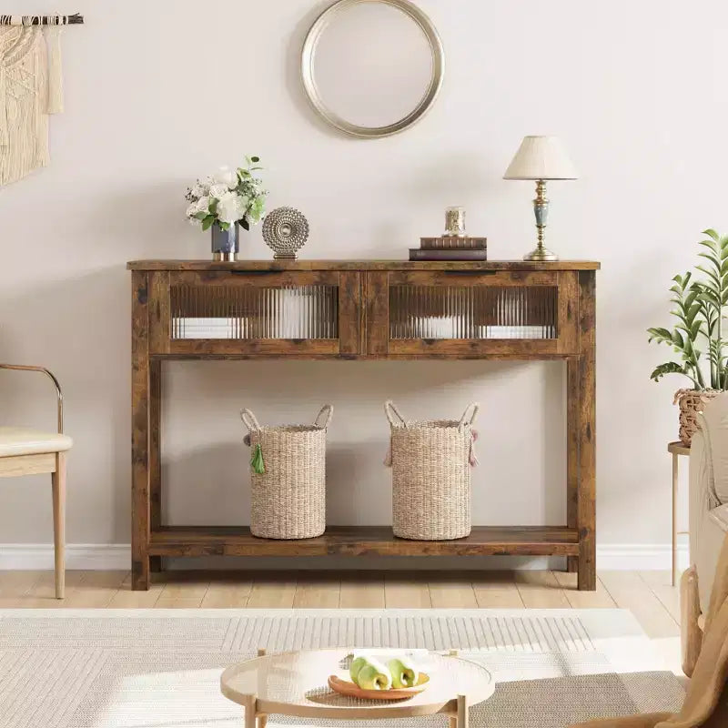 Console en bois Table d'entrée à 2 niveaux pour canapé avec 2 tiroirs en verre pour salon/entrée